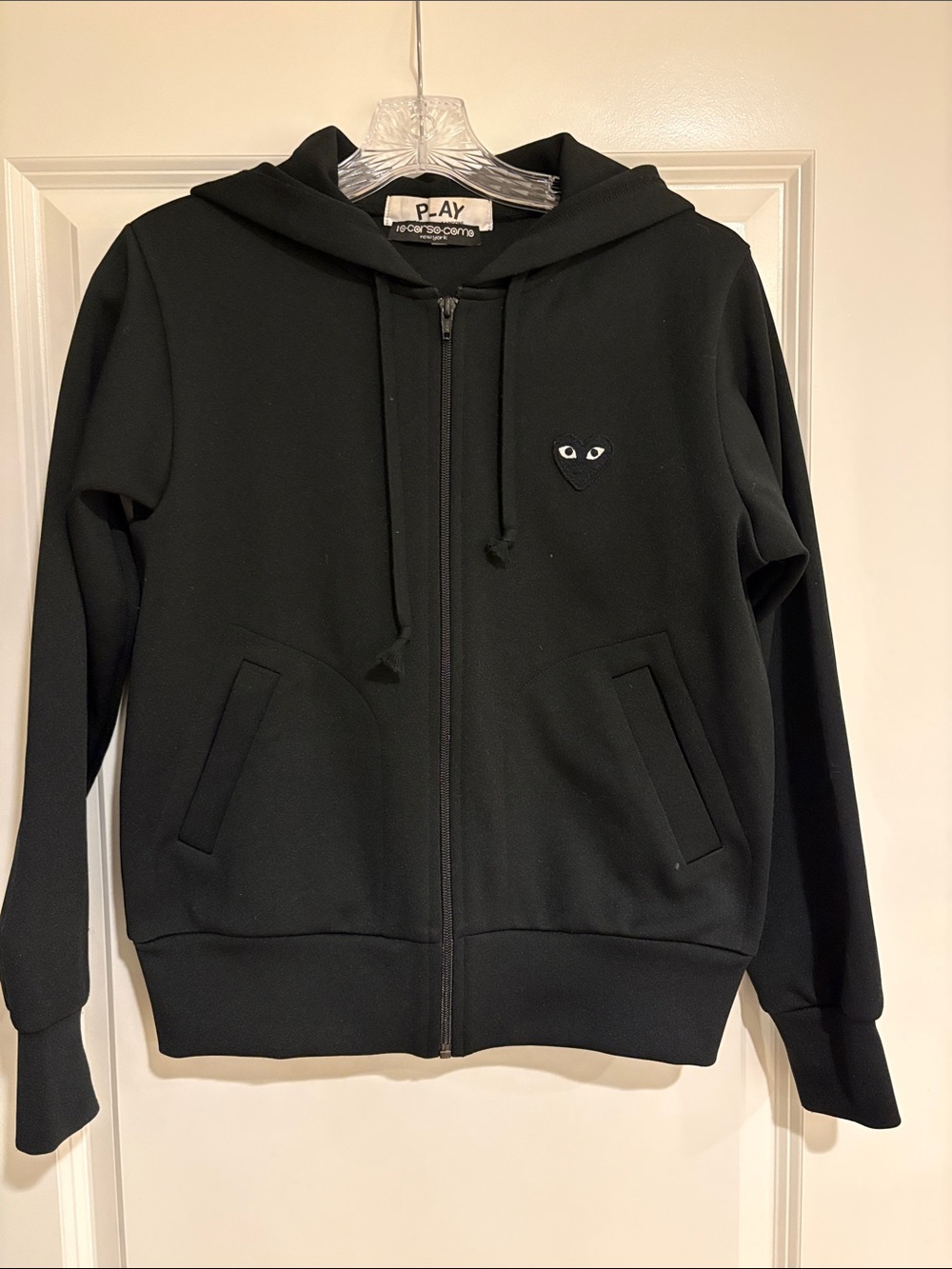 Comme des Garcons Black Zip-Up Hoodie with Heart Eyes Patch
